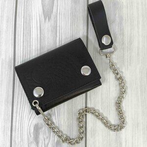 Genuine Leather Men Eagle Print Biker Trifold Long Chain Wallet